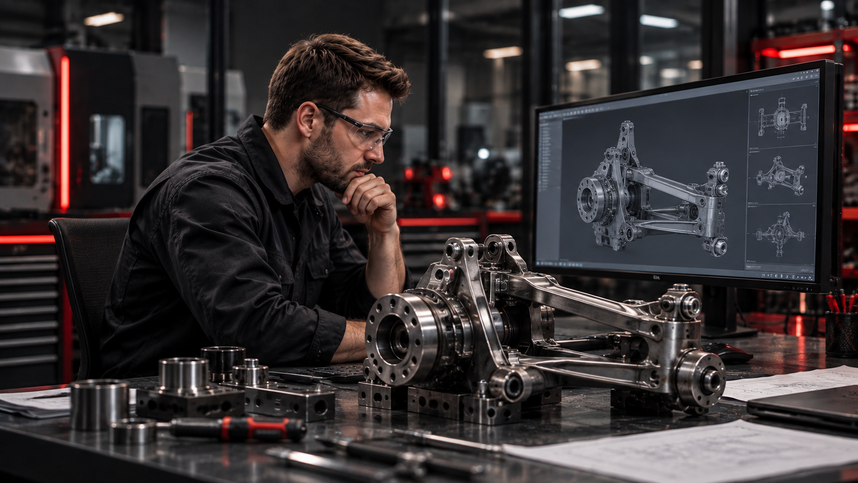 Ingénieur étudiant un assemblage mécanique