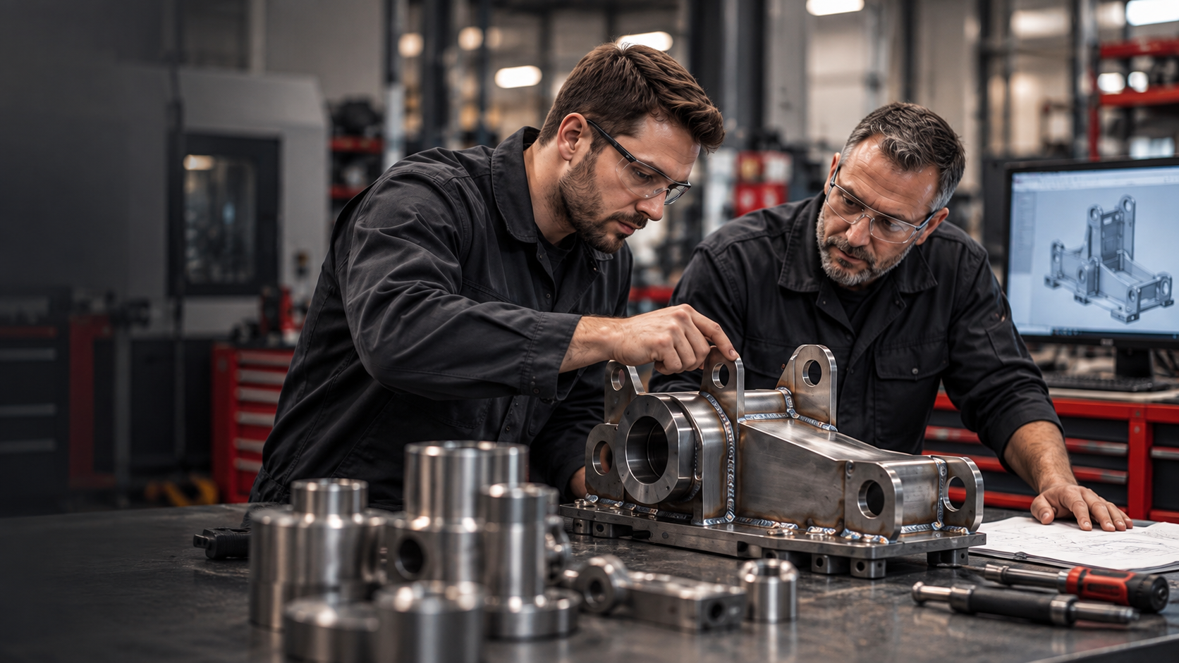 Deux spécialistes Normand inspectent une pièce fabriquée